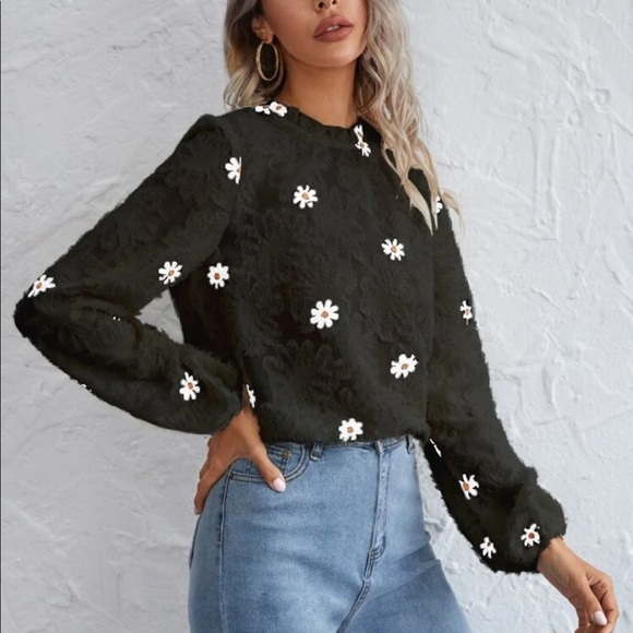Boho fuzzy floral embroidered frill neckline long sleeve blouse - Picture 10 of 10